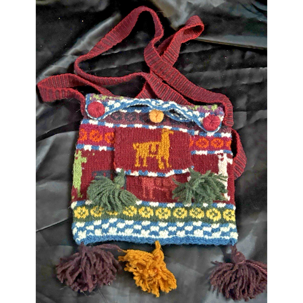 Hand Woven Wood Peruvian Shoulder Bag Purse Llama Atrisan Peruvian Textile Art